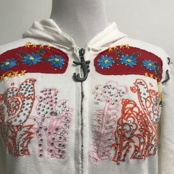 Joystick Johnny Was crystal dove cream red applique embroidered zip hoodie L - Picture 3 of 13
